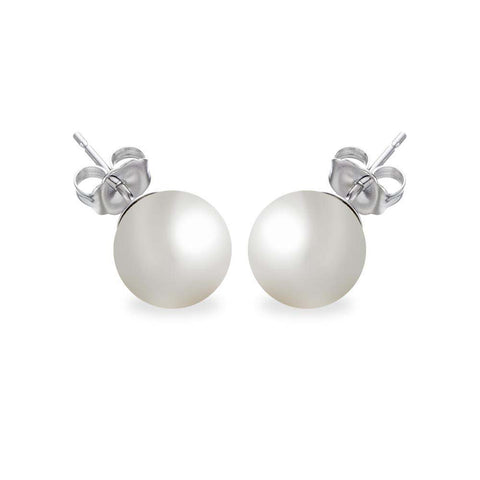 Sterling Silver Rhodium Plated Round Pearl Stud Earring