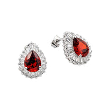 Load image into Gallery viewer, Sterling Silver Elegant Pearshaped Red Cz with Clear Baguette Czs on Halo Setting Stud EarringAnd Earring Dimensions of 15.5Mmx12.3MM