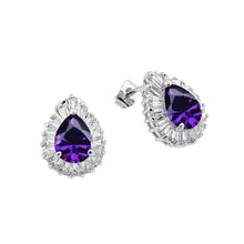 Load image into Gallery viewer, Sterling Silver Rhodium Plated Teardrop Purple Baguette Clear CZ Stud Earrings