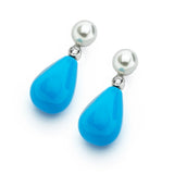 Sterling Silver Classic White Pearl with Single Clear Cz and Teardrop Shaped Turquoise Drop Dangle Stud EarringAnd Earring Dimensions of 30MMx13MM