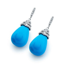 Load image into Gallery viewer, Sterling Silver Fancy Paved Bead Cap with Teardrop Shaped Turquoise Stone Drop Dangle Stud EarringAnd Earring Dimensions of 31MMx10MM