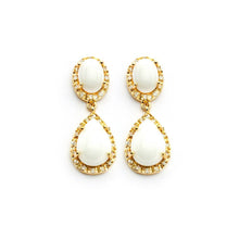 Load image into Gallery viewer, Sterling Silver Gold Plated Elegant Oval and Pearshaped White Stones with Paved Halo Setting Drop Dangle Stud EarringAnd Earring Dimensions of 30MMx13MM