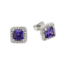 Load image into Gallery viewer, Sterling Silver Classic Princess Cut Amethyst Cz with Paved Halo Setting Stud EarringAnd Earring Dimensions of 8.5MMx8.5MM