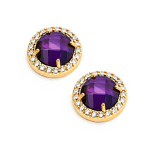 Load image into Gallery viewer, Sterling Silver Gold Plated Channel Teardrop Purple CZ Dangling Stud Earrings