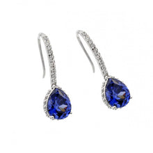 Load image into Gallery viewer, Elegant Sterling Silver Dangling Stud Earrings Wire Patterned with Clear Cz and Blue Centered Cz Stone with Dimesnions of 27.2MM x 9.5MM