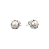 Sterling Silver Rhodium Plated Round Inlay Center Fresh Water Pearl Stud Earrings