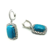 Load image into Gallery viewer, Sterling Silver Rhodium Plated Turquoise Square Outline Dangling Huggie Earrings With CZ Stones