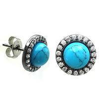 Load image into Gallery viewer, Sterling Silver Black Rhodium Plated Round Stud Earrings with CZ and Round Turquoise StoneAnd Earrings Diameter of 10.83MM and Friction Back Post