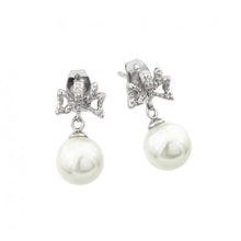 Load image into Gallery viewer, Sterling Silver Rhodium Plated Stylish Ribbon with CZ Earrings with Round White PearlAnd Earring Dimensions of 16.7MMx8.15MM and Friction Back Post