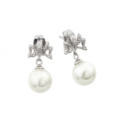 Sterling Silver Rhodium Plated Stylish Ribbon with CZ Earrings with Round White PearlAnd Earring Dimensions of 16.7MMx8.15MM and Friction Back Post