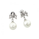 Sterling Silver Rhodium Plated Stylish Ribbon with CZ Earrings with Round White PearlAnd Earring Dimensions of 16.7MMx8.15MM and Friction Back Post