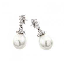 Load image into Gallery viewer, Sterling Silver Rhodium Plated Hanging Pearl with Clear CZ Stud EarringsAnd Earring Dimensions of 24.1MMx10.1MM and Friction Back Post