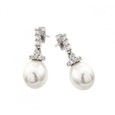 Sterling Silver Rhodium Plated Hanging Pearl with Clear CZ Stud EarringsAnd Earring Dimensions of 24.1MMx10.1MM and Friction Back Post