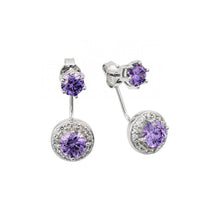 Load image into Gallery viewer, Sterling Silver Rhodium Plated Hanging Round Cluster with Clear and Purple CZ Earrings and Friction Back Post