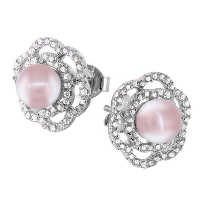 Sterling Silver Fancy Pave Flower with Centered White Pearl Stud EarringAnd Friction Back PostAnd Earring Dimensions of 13MMx13MM