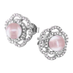 Sterling Silver Fancy Pave Flower with Centered White Pearl Stud EarringAnd Friction Back PostAnd Earring Dimensions of 13MMx13MM