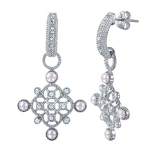 Load image into Gallery viewer, Sterling Silver Rhodium Plated Fancy Ornate Clear Cz and Synthetic White Pearl Accent Pave Half Hoop Stud Earring with Friction Back Post