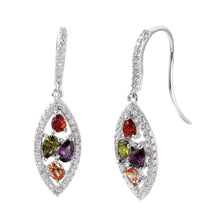 Load image into Gallery viewer, Sterling Silver Rhodium Plated Open Marquise Shaped Hook Earrings with Earring Dimensions of 34MMx10MM and Multi Shaped and Multi Colored CZ