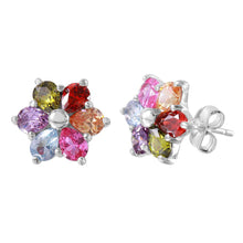 Load image into Gallery viewer, Sterling Silver Rhodium Plated Flower Earrings with Multicolor Pear CZ Petals and Friction Back Post