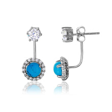 Load image into Gallery viewer, Sterling Silver Rhodium Plated Round Turquoise Hanging Earrings With CZ Stones