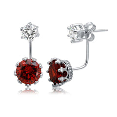 Sterling Silver Rhodium Plated Front And Back Hanging Earrings With Red And Clear CZ Stones