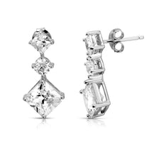 Load image into Gallery viewer, Sterling Silver Rhodium Plated Dropped Square And Round CZ Earrings