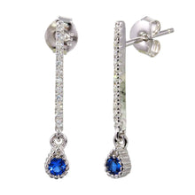 Load image into Gallery viewer, Sterling Silver Rhodium Plated Blue CZ Bar Drop Earrings