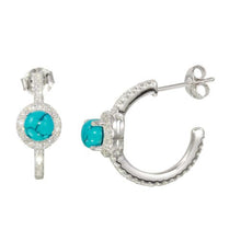 Load image into Gallery viewer, Sterling Silver Semi Hoop CZ Earrings With CZ And Aqua Stone
