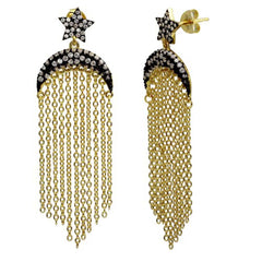 Sterling Silver Gold Plated Moon And Star With Tassel With CZ Stones