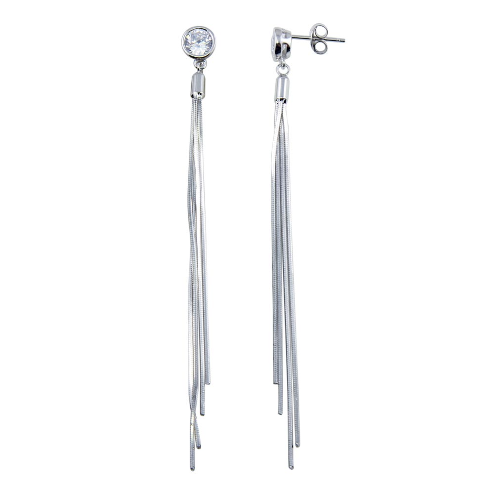 Sterling Silver Rhodium Plated Round CZ Center Snake SQ Dangling Earrings