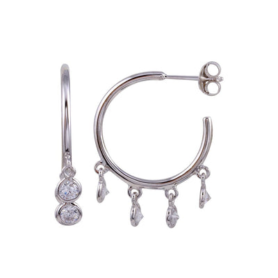 Sterling Silver Rhodium Plated Semi Hoop CZ Circular Earrings