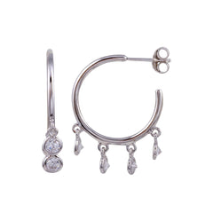 Sterling Silver Rhodium Plated Semi Hoop CZ Circular Earrings