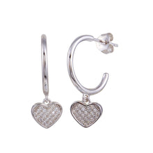 Load image into Gallery viewer, Sterling Silver Rhodium Plated Semi Hoop CZ Heart Shaped Earrings