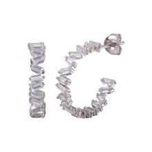 Load image into Gallery viewer, Sterling Silver Rhodium Plated Semi Hoop CZ Baguette Earrings