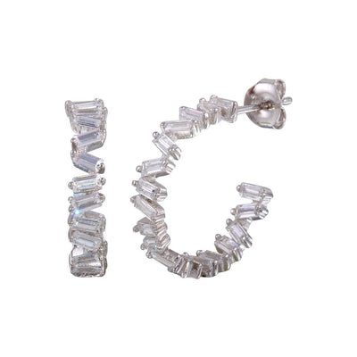 Sterling Silver Rhodium Plated Semi Hoop CZ Baguette Earrings
