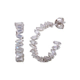 Sterling Silver Rhodium Plated Semi Hoop CZ Baguette Earrings