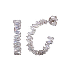 Sterling Silver Rhodium Plated Semi Hoop CZ Baguette Earrings