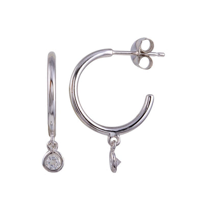 Sterling Silver Rhodium Plated Semi Hoop CZ Circle Earrings