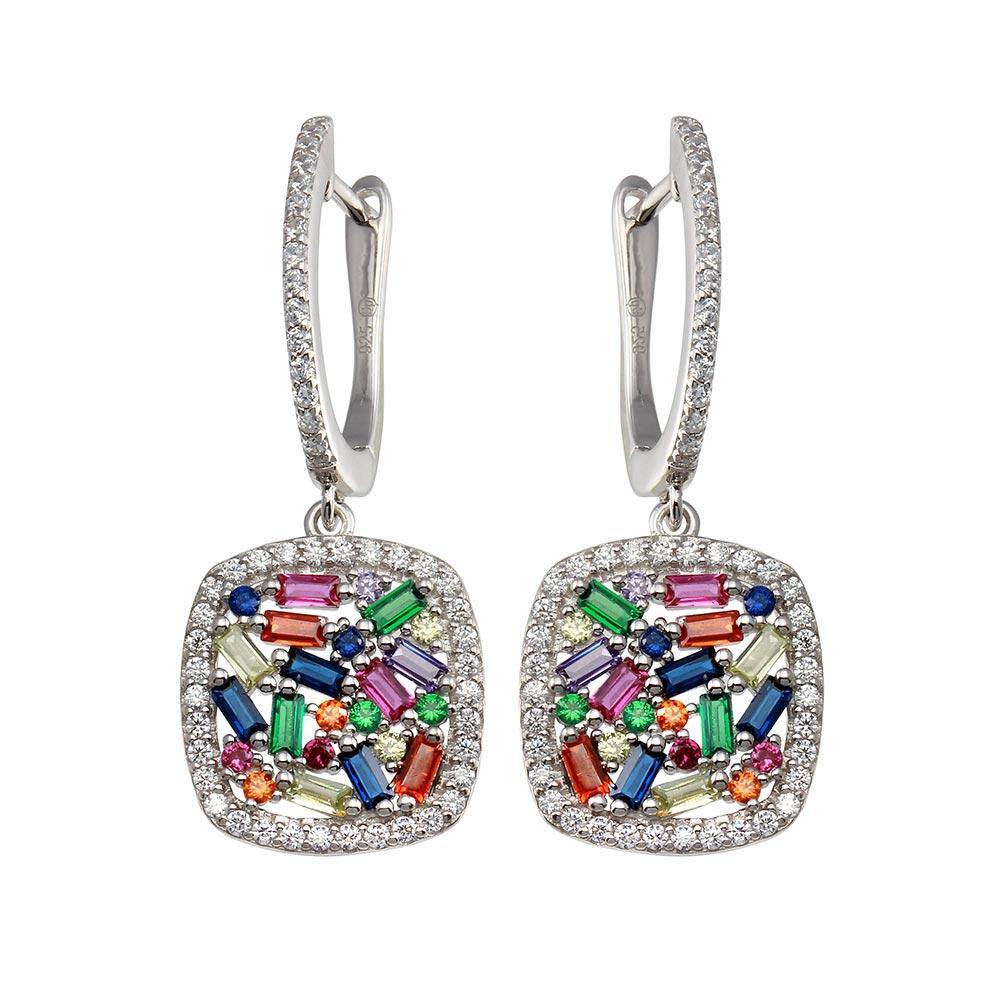 Sterling Silver Rhodium Plated Multi Color CZ Dangling Earrings