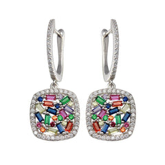 Sterling Silver Rhodium Plated Multi Color CZ Dangling Earrings