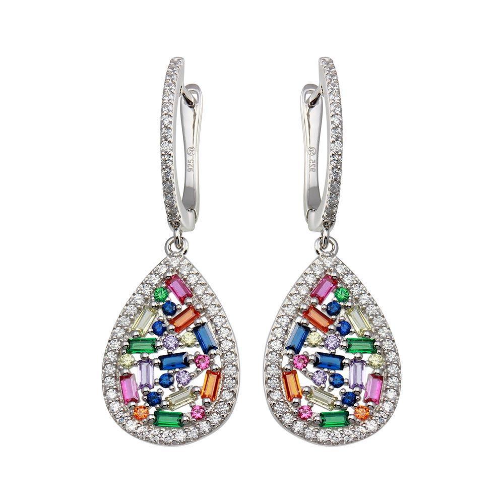 Sterling Silver Rhodium Plated Multi Color Teardrop CZ Dangling Earrings