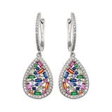 Sterling Silver Rhodium Plated Multi Color Teardrop CZ Dangling Earrings