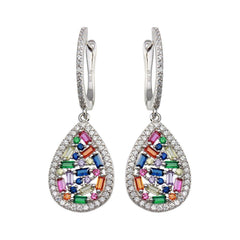 Sterling Silver Rhodium Plated Multi Color Teardrop CZ Dangling Earrings