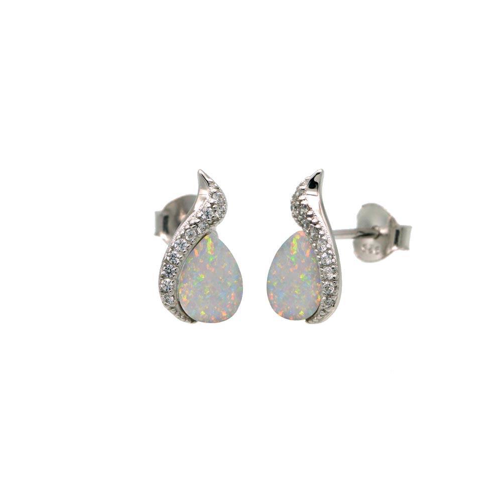 Sterling Silver Rhodium Plated Teardrop Synthetic Opal CZ Stud Earrings