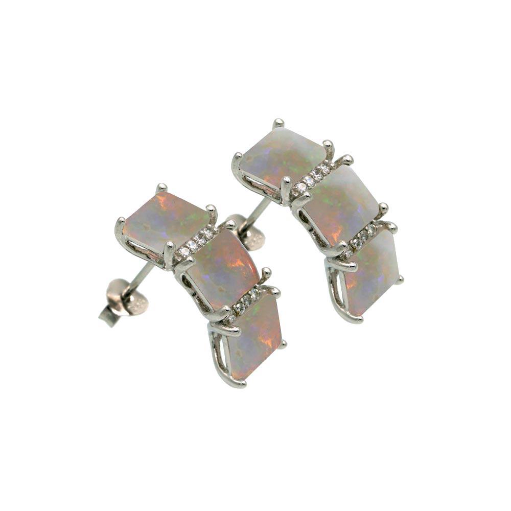 Sterling Silver Rhodium Plated Triple Square Synthetic Opal CZ Stud Earrings
