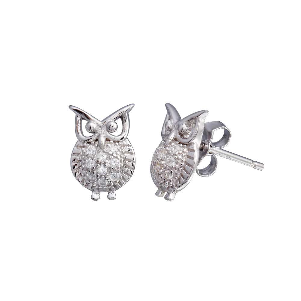 Sterling Silver Rhodium Plated Owl CZ Stud Earrings