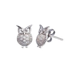 Sterling Silver Rhodium Plated Owl CZ Stud Earrings