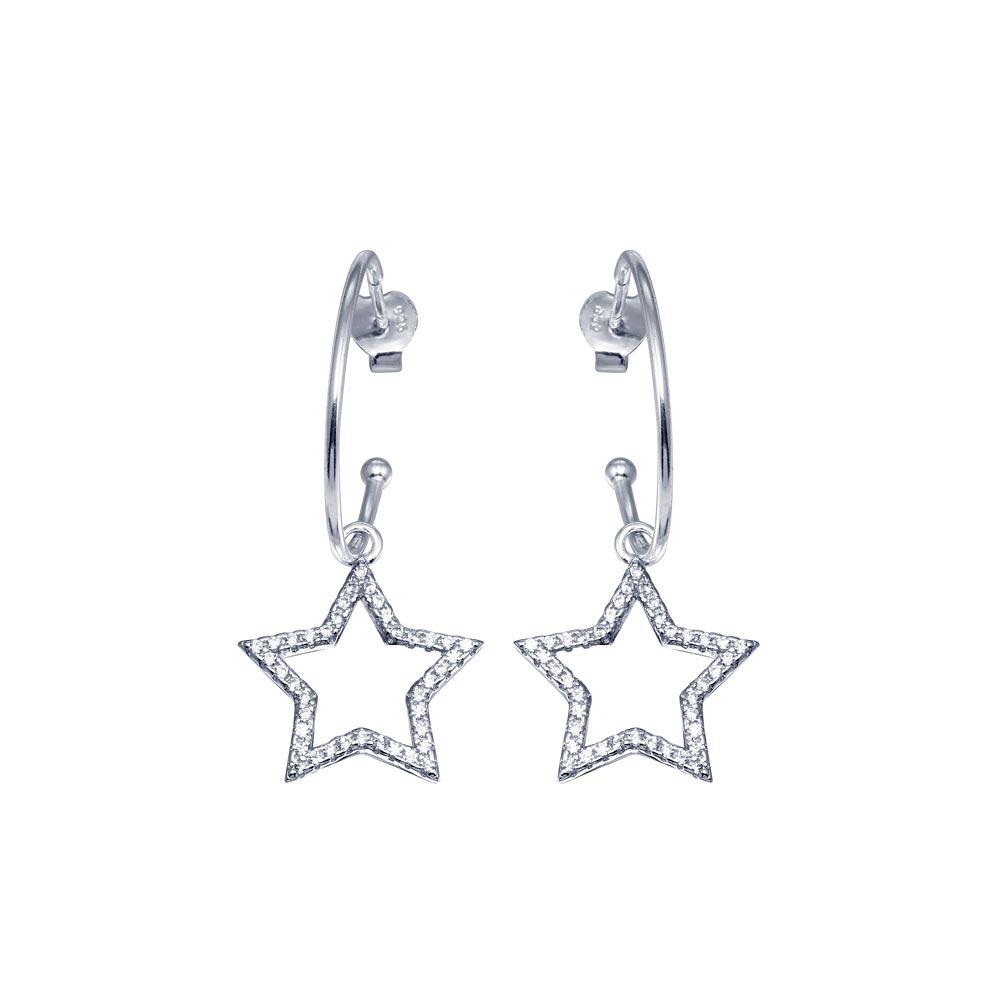 Sterling Silver CZ Semi Hoop Dangling Star Earrings