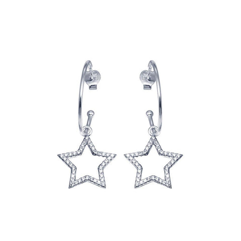 Sterling Silver CZ Semi Hoop Dangling Star Earrings