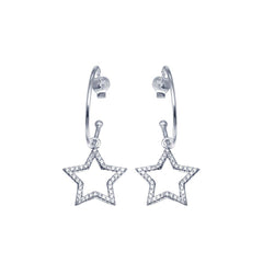 Sterling Silver CZ Semi Hoop Dangling Star Earrings